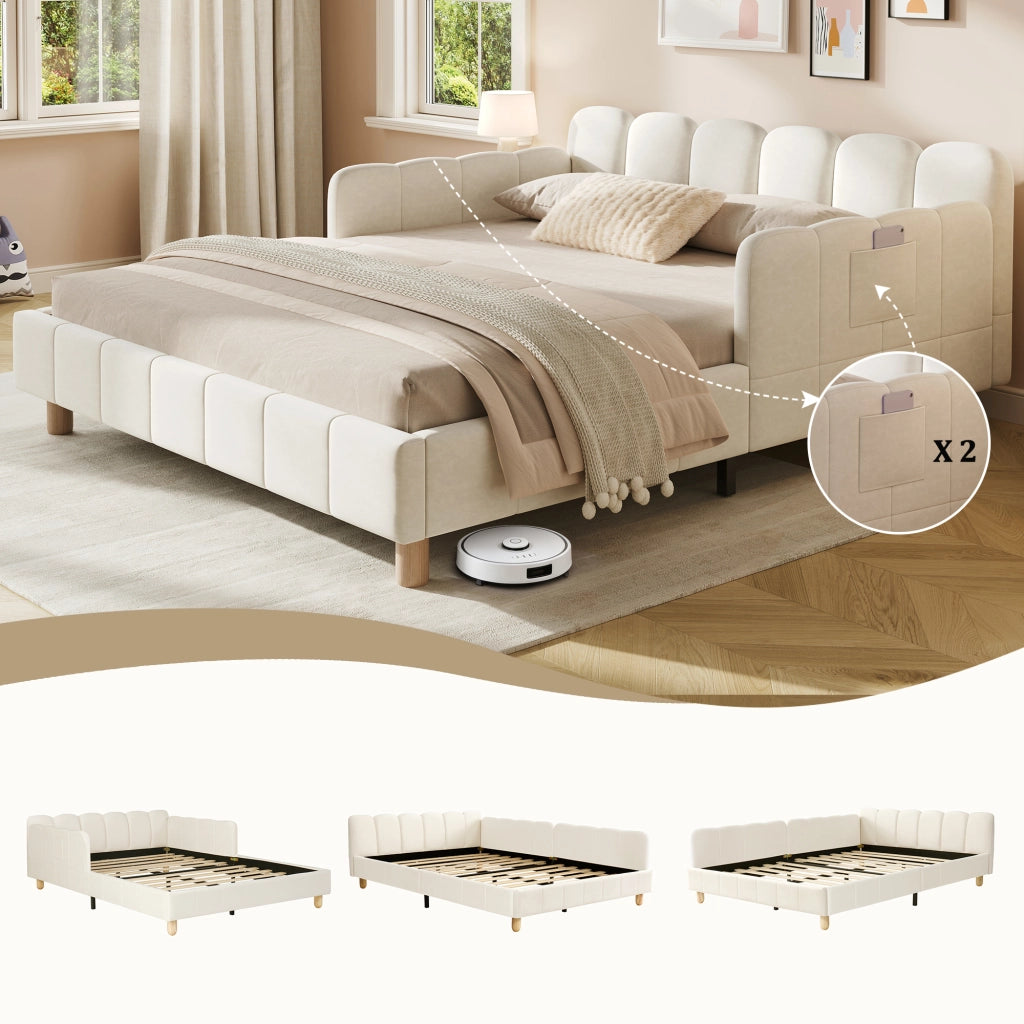 Letto per bambini in velluto beige con testiera inclinata; braccioli riposizionabili e tasche integrate