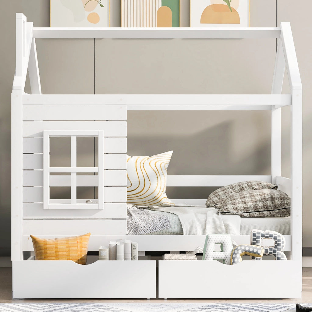 Letto a casetta 80 × 160 cm con cassetti e finestre in legno di pino bianco con rete a doghe inclusa