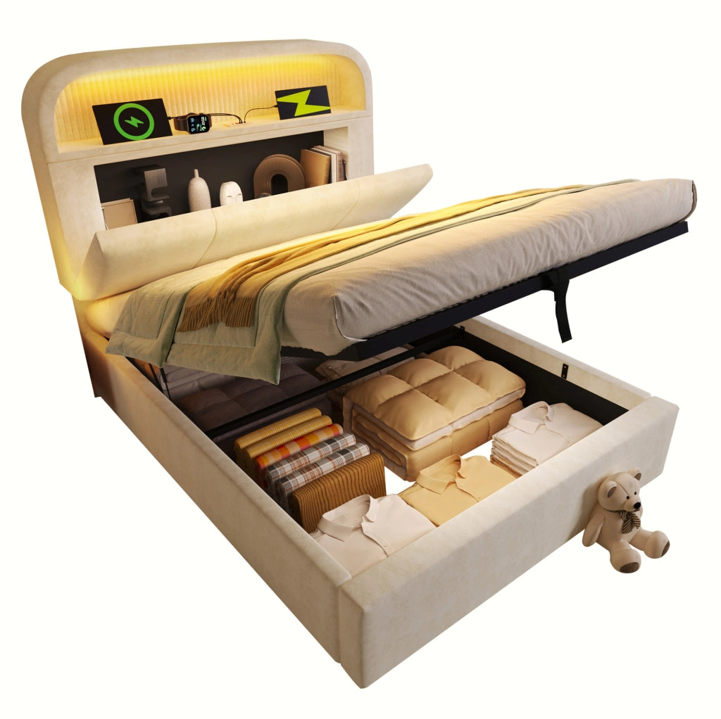 Letto singolo 90x200 cm con contenitore regolabile, testiera imbottita in velluto beige, illuminazione LED e stazione di ricarica USB/Type-C, incluso rete a doghe e materasso