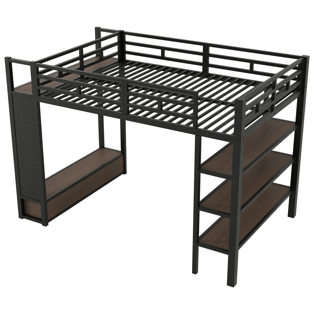 Letto a soppalco 140x200 cm con armadio aperto e LED in MDF e metallo nero