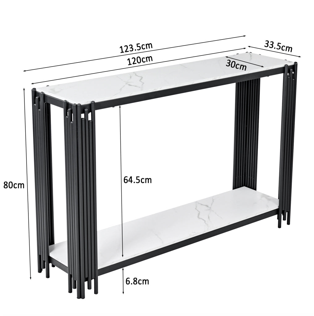 Tavolo Consolle Moderno con 2 Ripiani, Effetto Marmo Bianco, Struttura in Metallo Nero, L123.5 x P33.5 x H80 cm