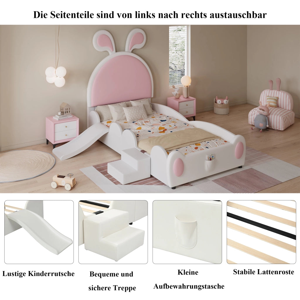 Letto singolo 90 × 200 cm con scivolo e scaletta testiera con orecchie in PU bianco e rosa