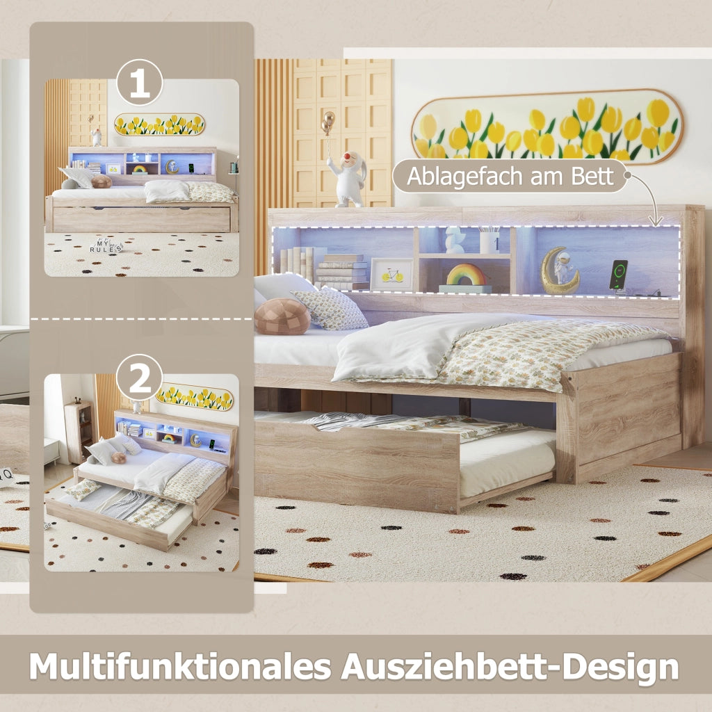 Divano letto, letto da giorno 90 x 200 cm, luci LED, contenitore laterale, letto estraibile, presa + USB, senza materasso - Naturale