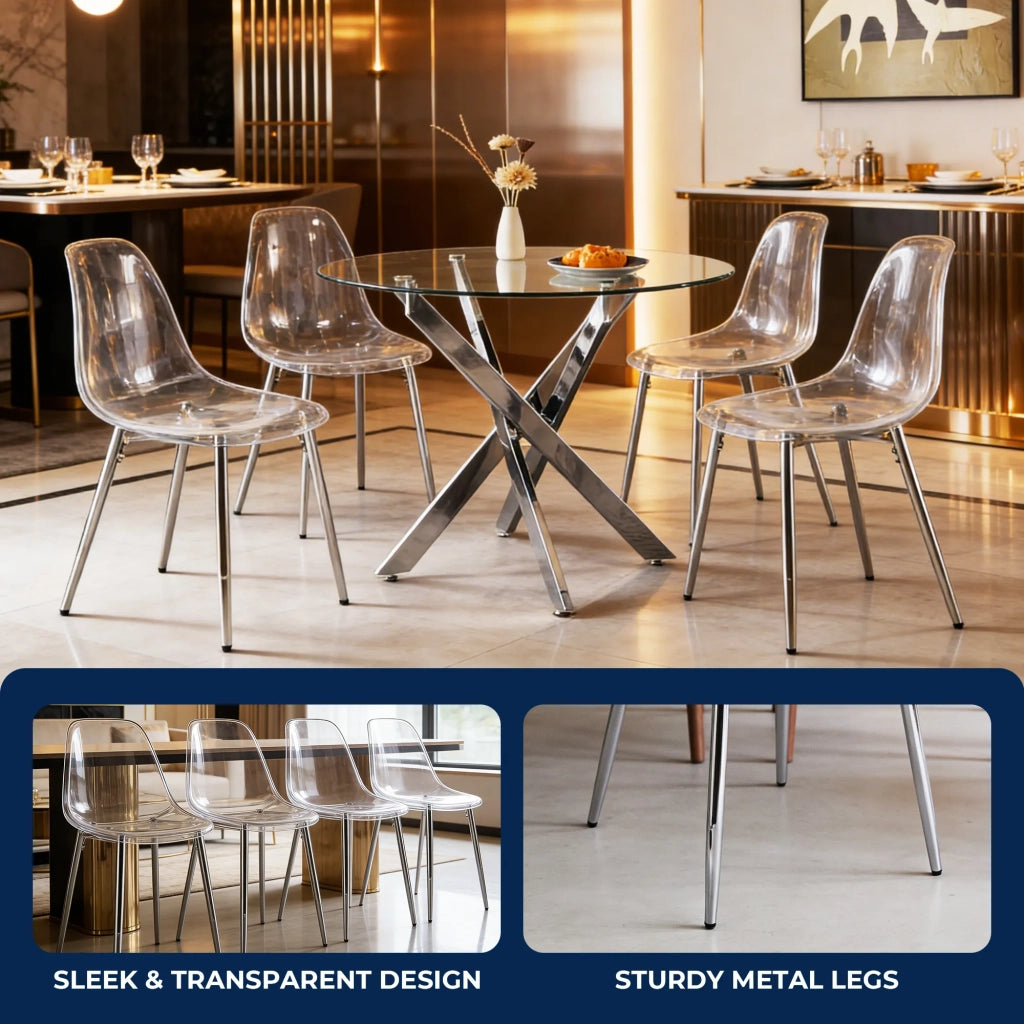 Set 4 Sedie a Cucchiaio in PET Acrilico Trasparente, Gambe Argento Eleganti, Design Moderno Chic per Sala da Pranzo