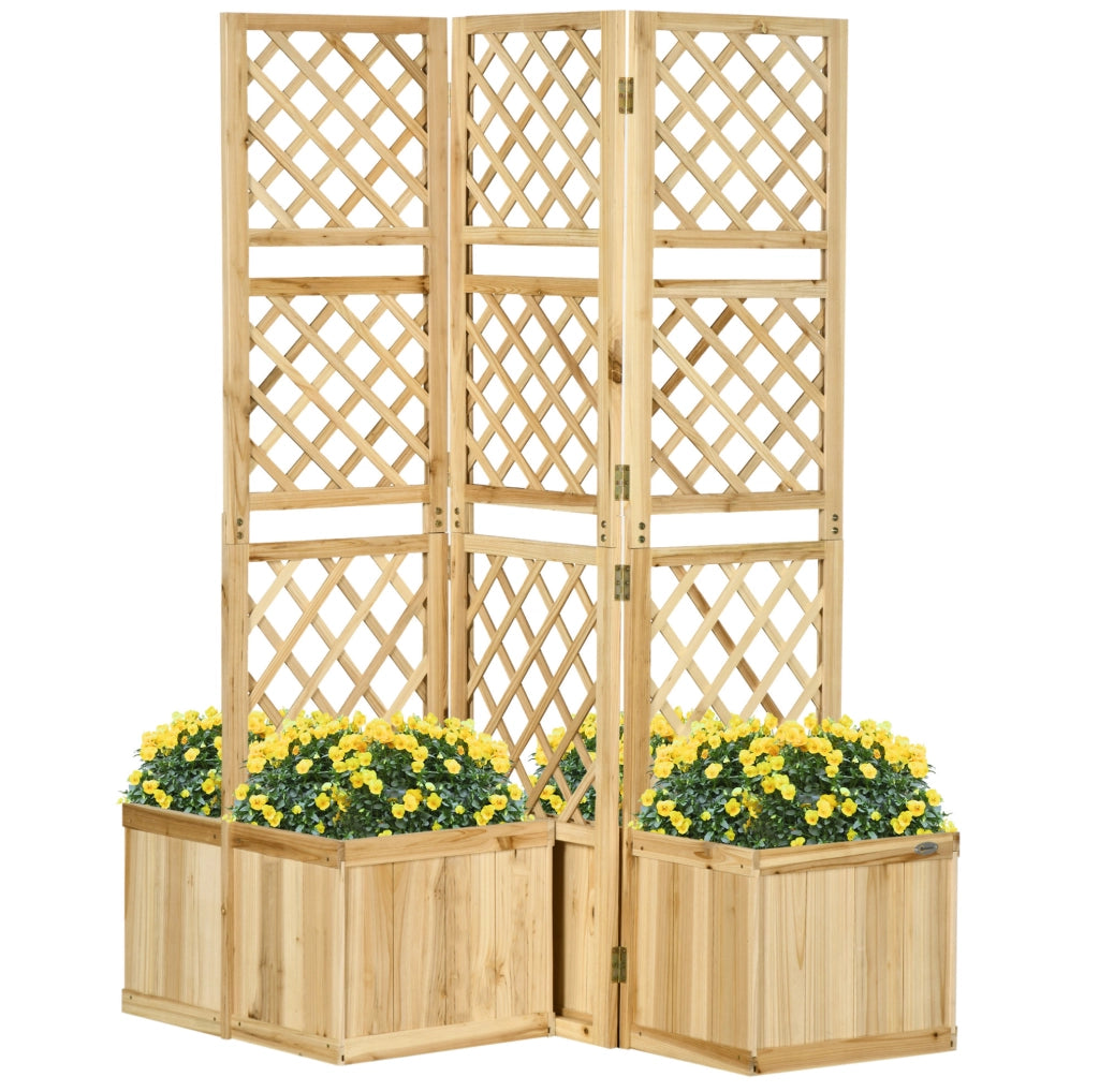 Paravento pieghevole con 4 fioriere in legno naturale, 133 x 165 cm, protezione visiva per giardino e terrazza