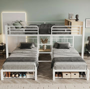 Letto a castello in metallo bianco 140x200/90x200 cm con 3 posti letto, scaffale aperto e portascarpe