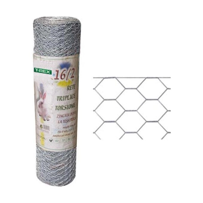 TREX 05891 RETE TRIPLA ZN Rete maglia esagonale a tripla torsione zincata maglia 13-2 mm diametro filamento 0,60 mm altezza 100 m lunghezza per rotolo 10 m colore Zincata