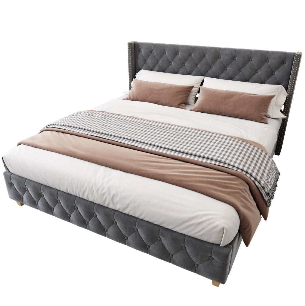 Letto imbottito 180x200 cm con rete a doghe e testiera in velluto grigio
