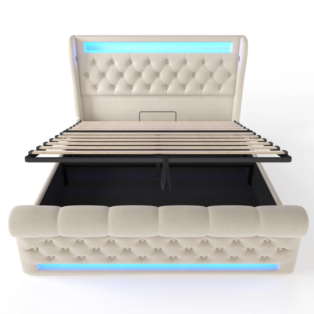 Letto contenitore 160 × 200 cm idraulico con LED USB e Type-C in velluto beige