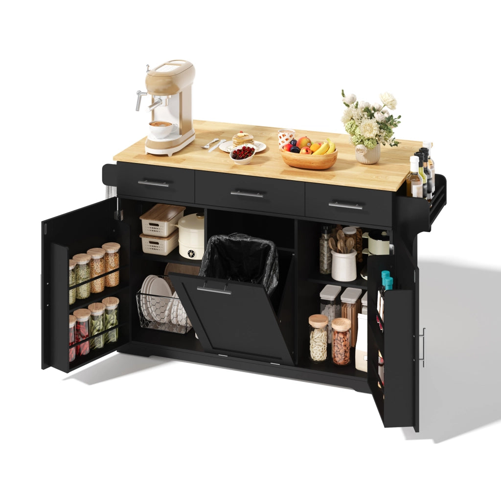 Isola da cucina mobile 136x50/75x92 cm con piano ribaltabile; prese USB; MDF nero/naturale
