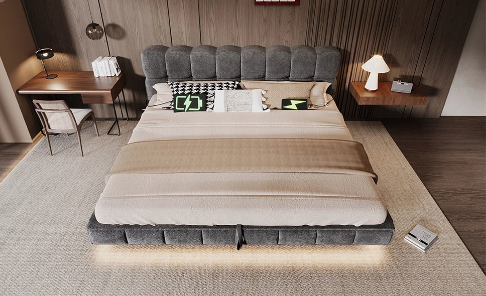 Letto imbottito matrimoniale 180x200 cm grigio con contenitore idraulico, illuminazione LED e porte di ricarica USB e Tipo-C