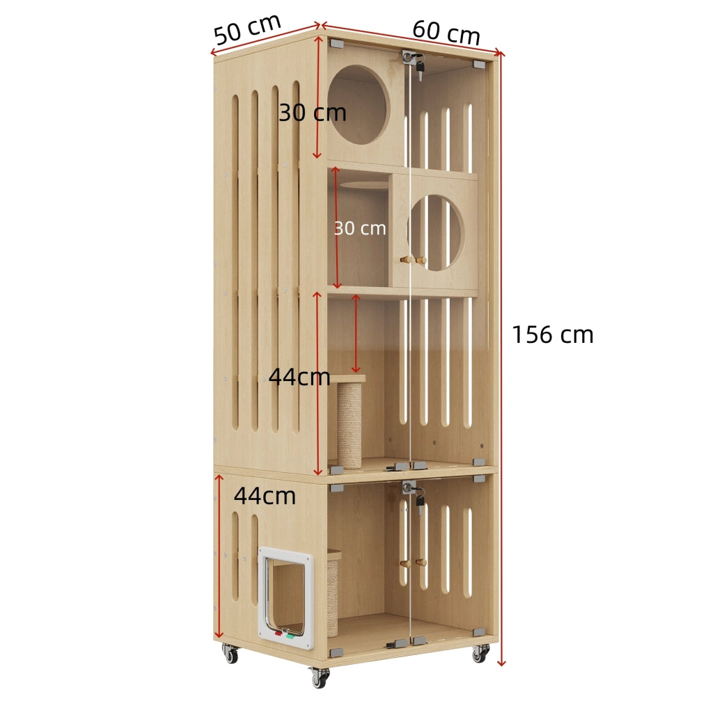 GABBIA PER GATTI Multilivello in MDF e Vetro Colore Naturale con Ruote