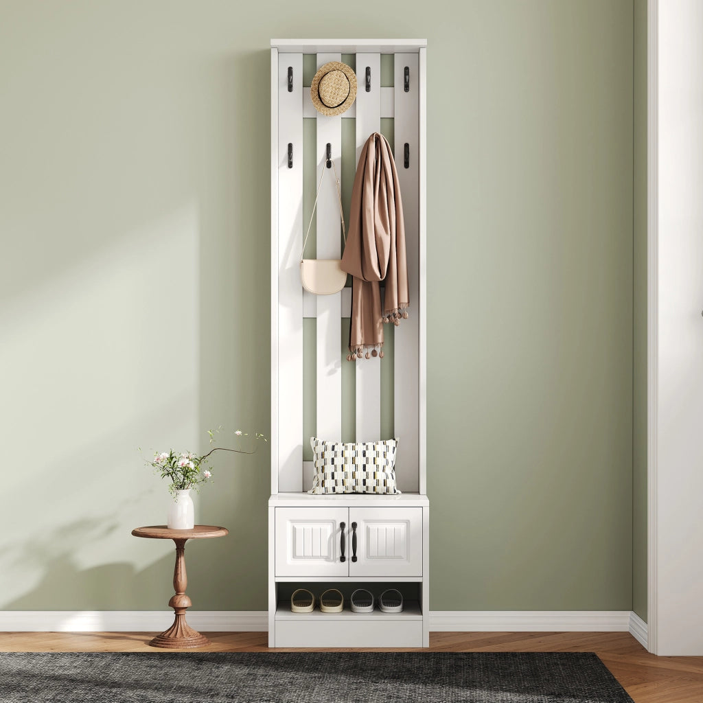 Scarpiera da ingresso con 2 ante, panca e pannello posteriore con 8 ganci, bianca, in truciolare, 50 × 36 × 190 cm