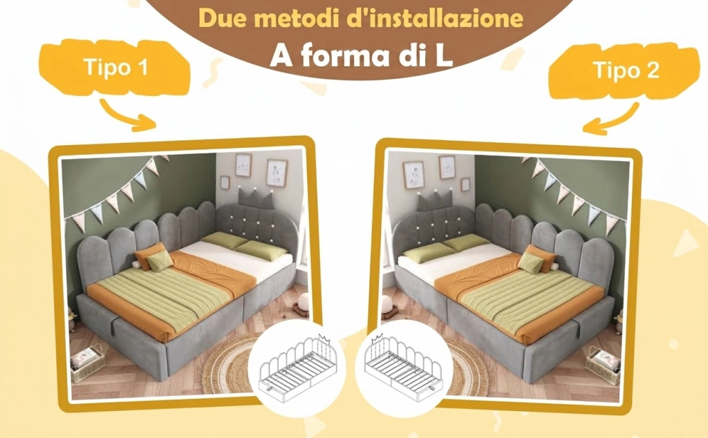 Letto singolo con contenitore idraulico 90x190 cm; design a corona; in velluto grigio