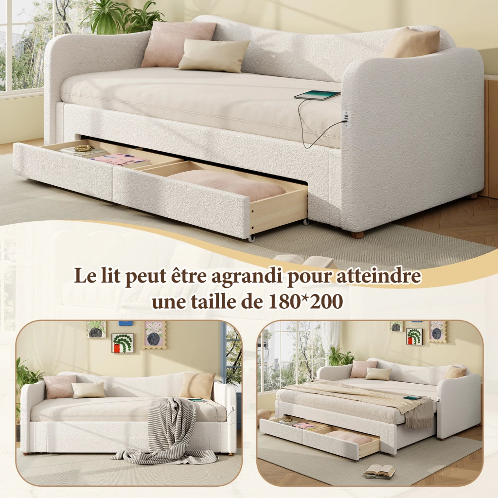 Letto per bambini estensibile 90-180 x 200 cm con 2 cassetti e USB, letto singolo imbottito in boucl¨¦ beige