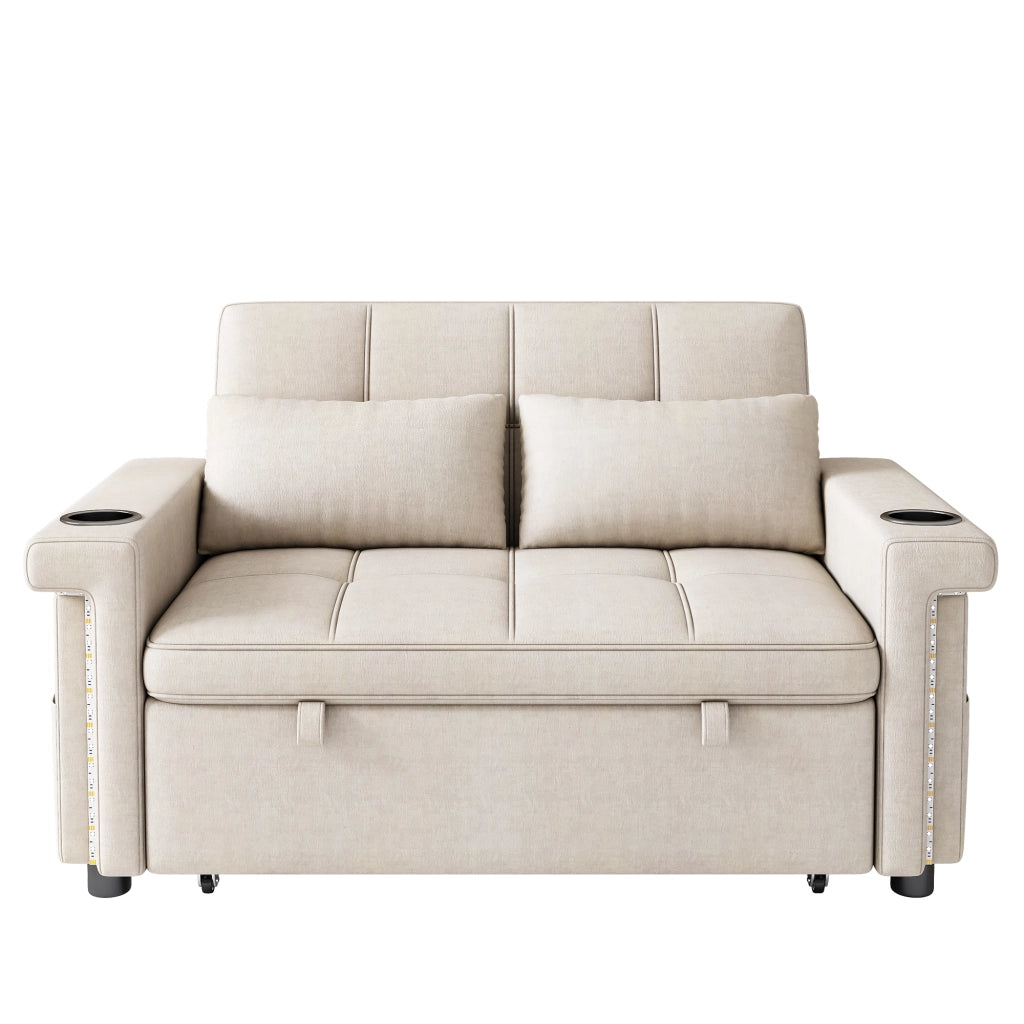 Divano letto 2 posti con LED, USB e USB-C, schienale regolabile in ciniglia beige