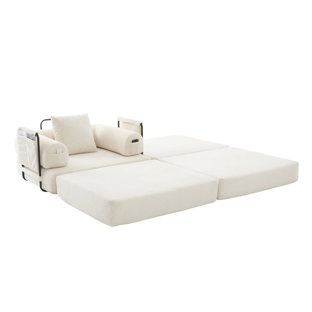 Divano modulare con tasca laterale e cuscino in velluto a coste beige