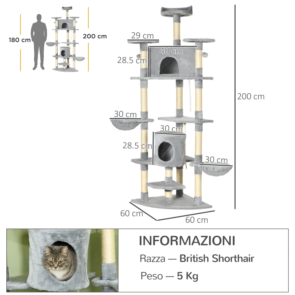 Albero Tiragraffi per Gatti Alto con Casette e Amache, 60x60x200cm, Grigio Chiaro