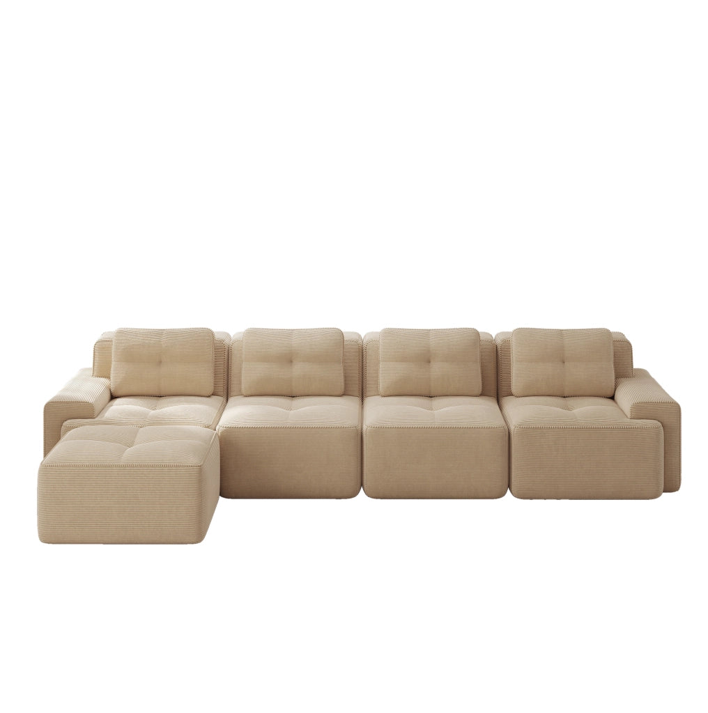 Divano modulare 4 posti con chaise longue a L, imbottito in velluto a coste beige senza braccioli