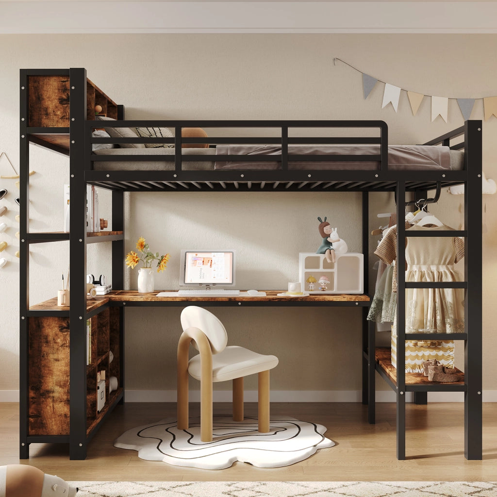Letto a soppalco per bambini 90x200 cm con scrivania; appendiabiti; ripiani e vani; metallo e MDF nero