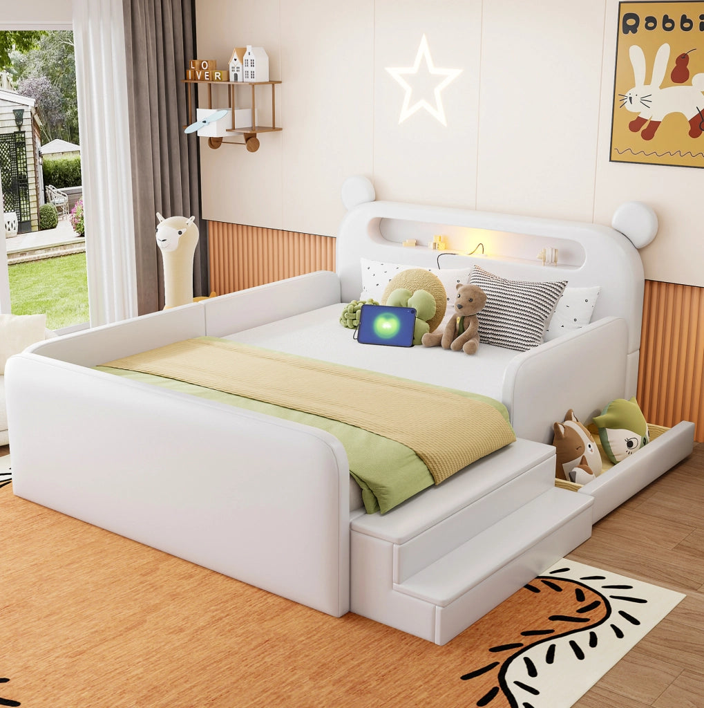 Letto imbottito per bambini 140x200 cm con testiera a orso; luce notturna; USB; contenitore; bianco
