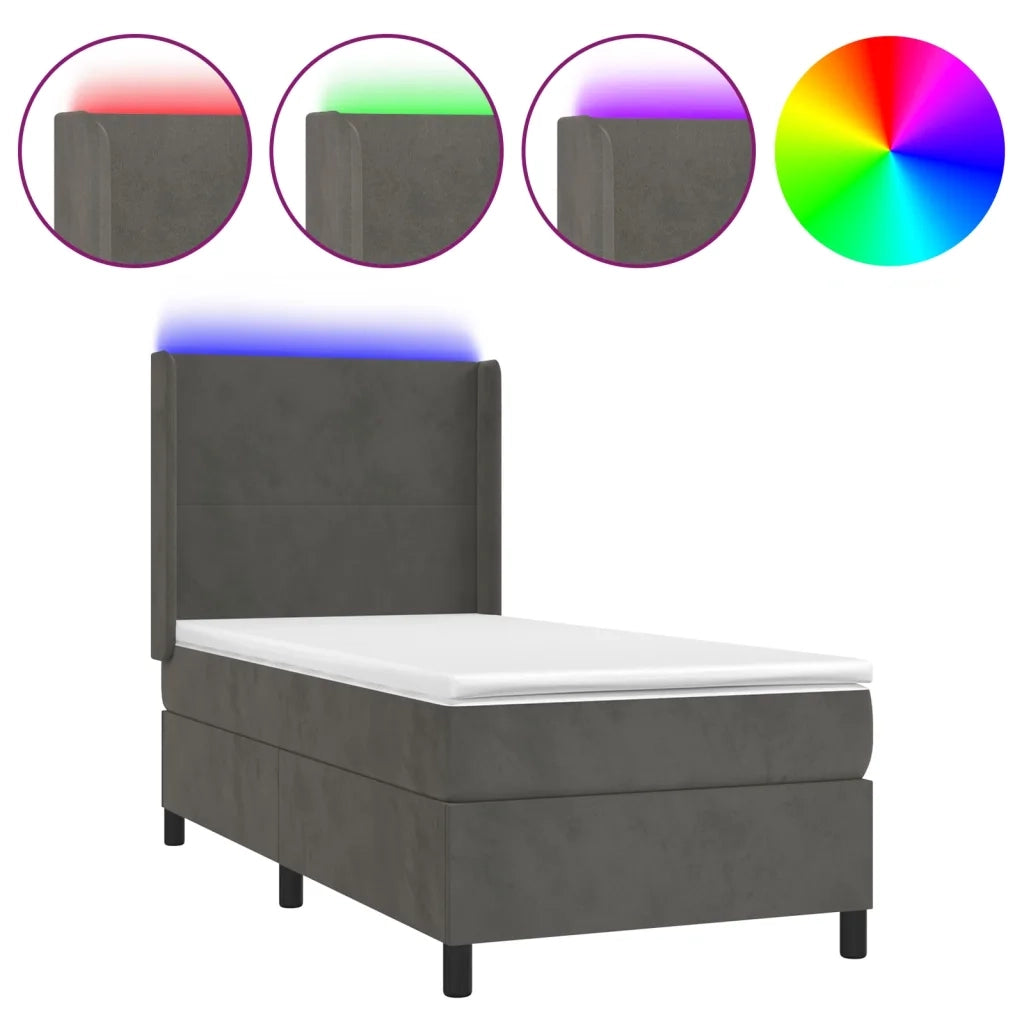 Letto a Molle con Materasso e LED Grigio Scuro 90x200cm Velluto 3139422