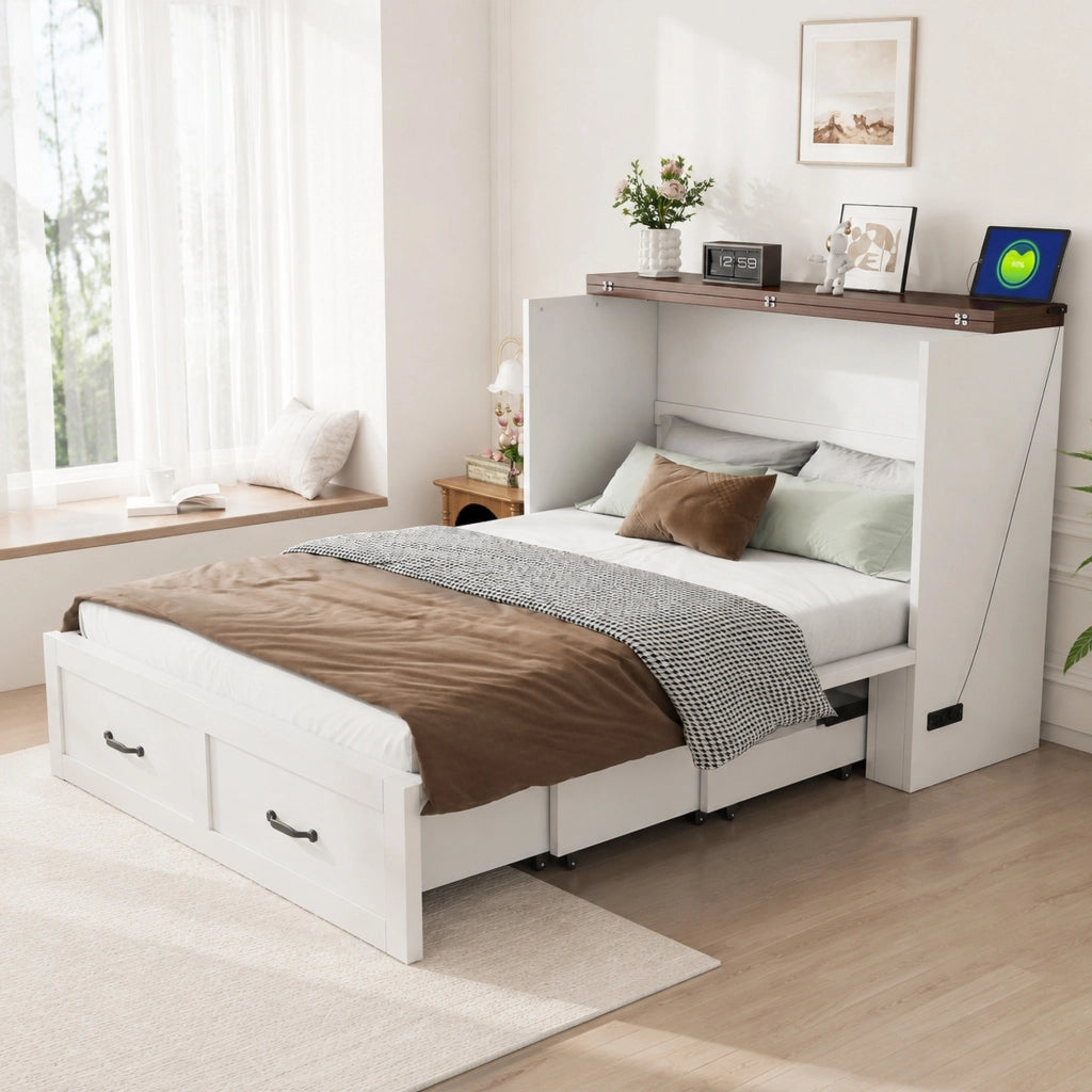 Letto a scomparsa 140 × 200 cm estraibile con presa europea e ruote silenziose in metallo e legno bianco