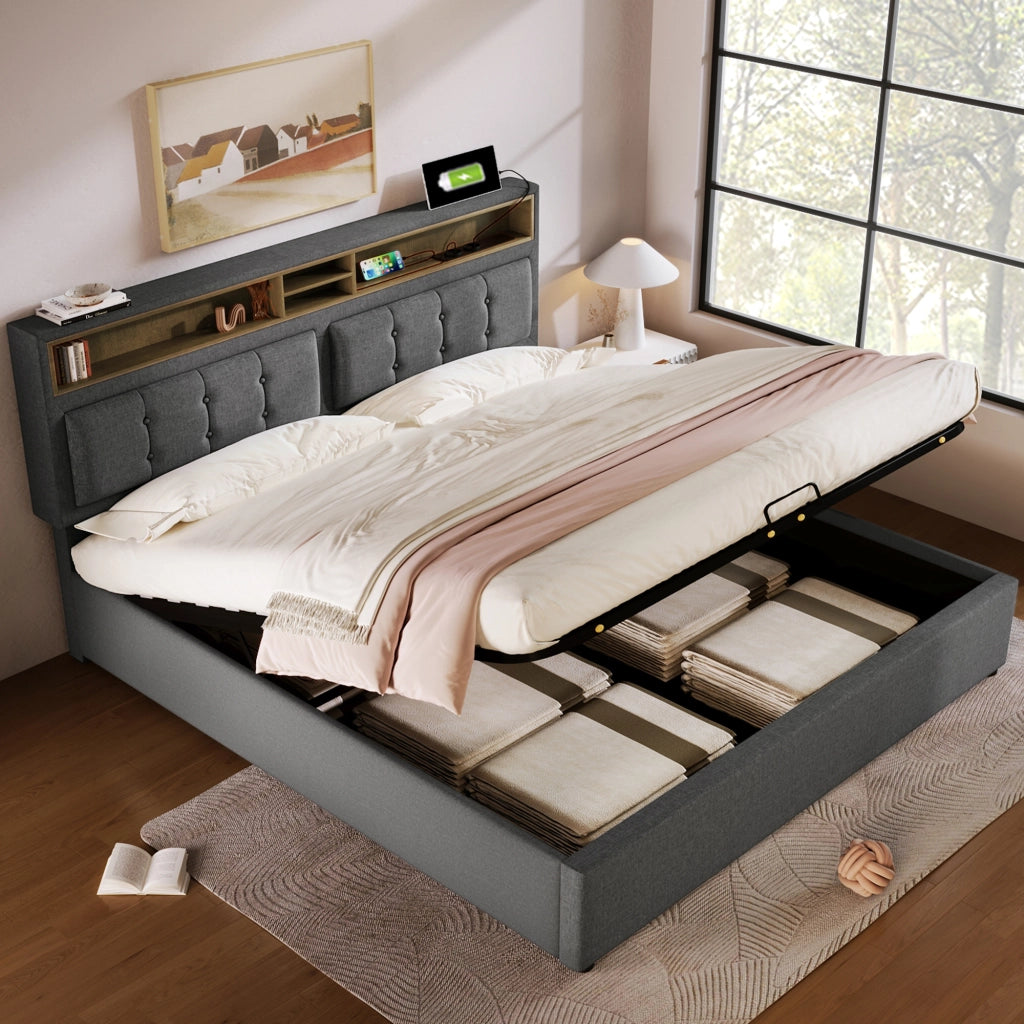 Letto contenitore imbottito 140x200 grigio con prese USB