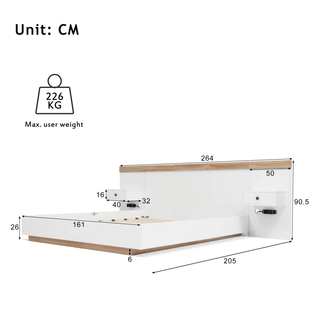 Letto matrimoniale 160 × 200 cm con 2 comodini LED rimovibili; USB e USB-C; rete a doghe; bianco e rovere Sonoma