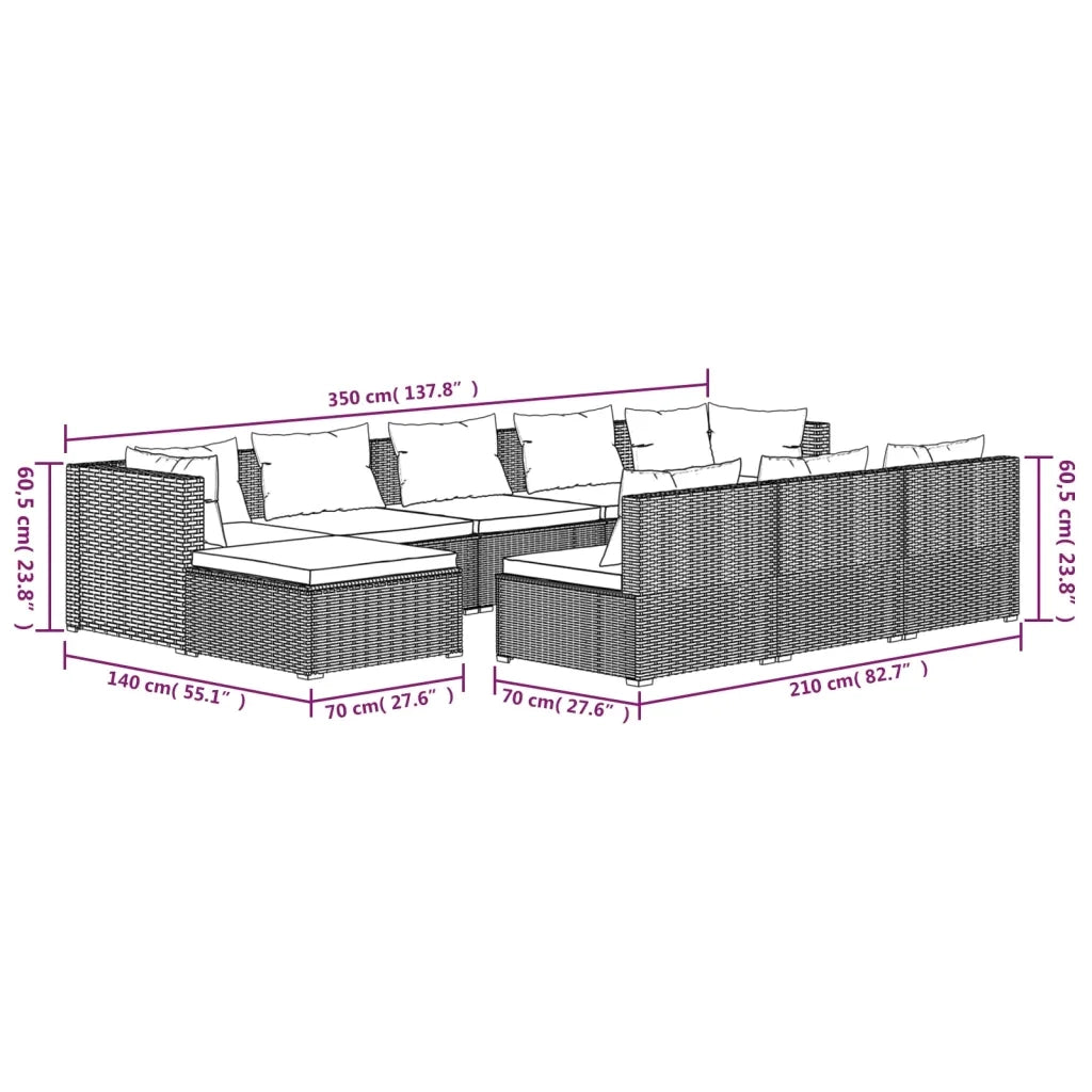 Set Divani da Giardino 10 pz con Cuscini in Polyrattan Marrone 3102019