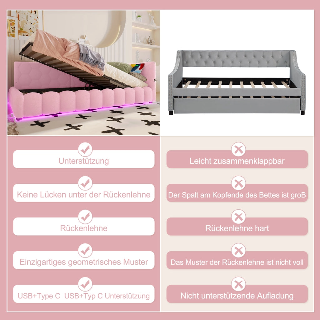 Letto da Giorno 90x200 cm in velluto con Contenitore Idraulico; LED; USB-C Rosa