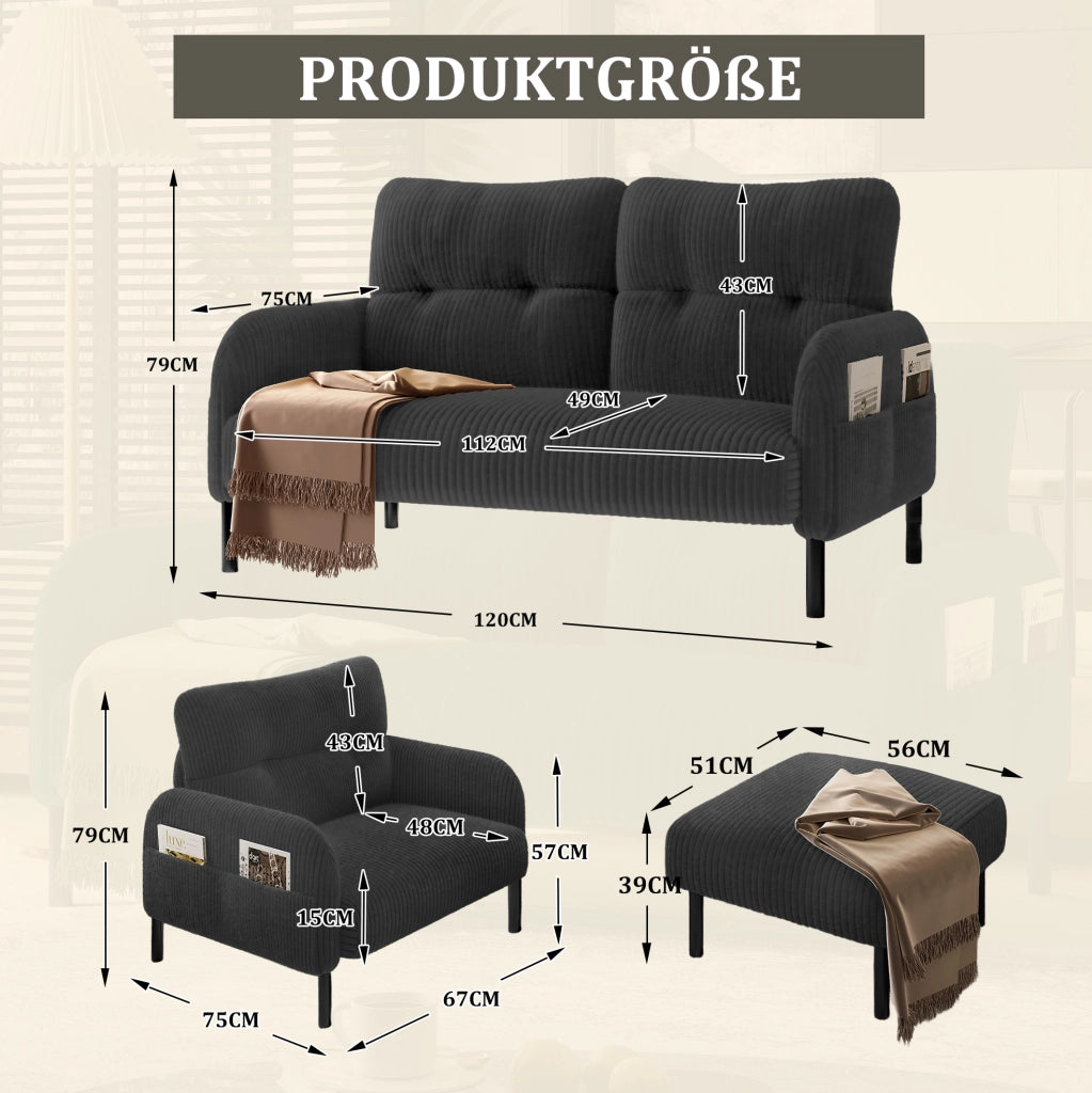 Set divano 2 posti; poltrona e pouf in velluto a coste; grigio