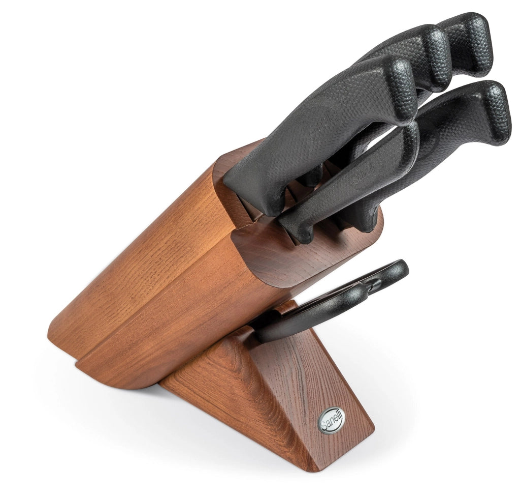 Ceppo in Legno di Ciliegio 5 Coltelli + 1 Forbice Manico Antiscivolo Sanelli Leck Skin Nero