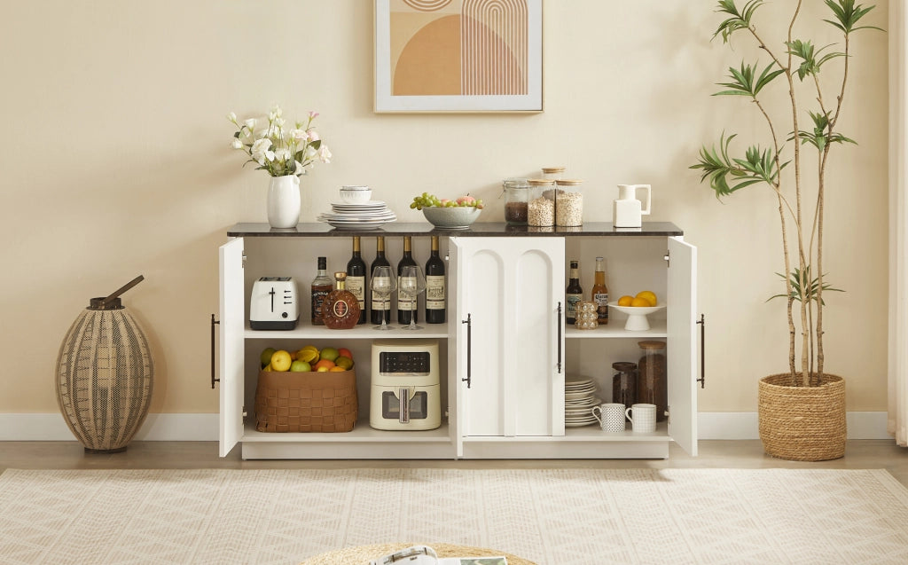 Sideboard con ante ad arco, 160 cm, MDF bianco e nero con cerniere soft-close e fissaggio anticaduta