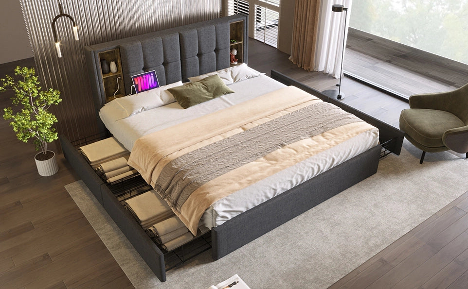 Letto Matrimoniale 160x200 cm con Ricarica Wireless USB-C, 4 Cassetti e Testiera in Lino Grigio Senza Materasso