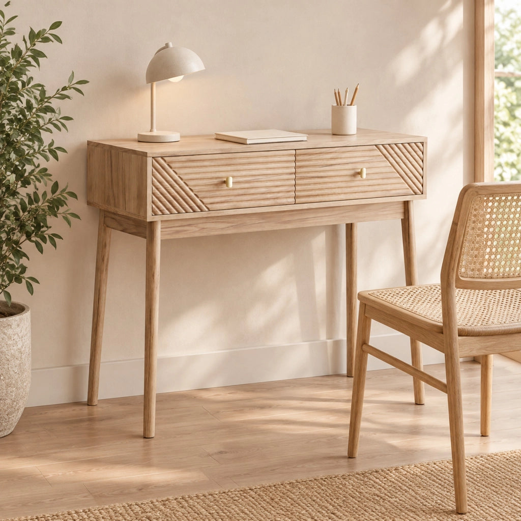 Tavolo consolle stile Mid-Century in colore rovere con due cassetti e ripiani aperti