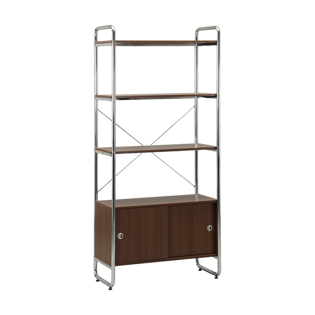 Scaffale libreria in metallo cromato ed effetto legno con 2 ante