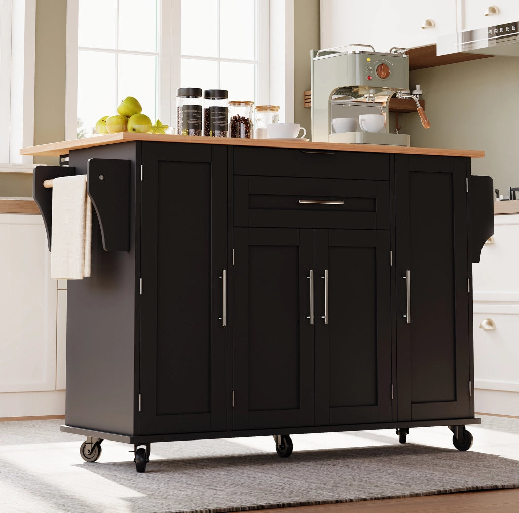 Carrello da cucina 120x45 cm con piano estensibile; MDF nero e naturale