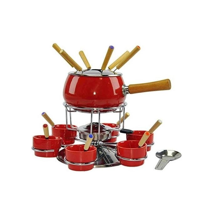 Eva 070617 Set Fonduta Bourguignonne 23 Pezzi Acciaio Smaltato Rosso con Fornello Cromato e Ricettario colore Rosso