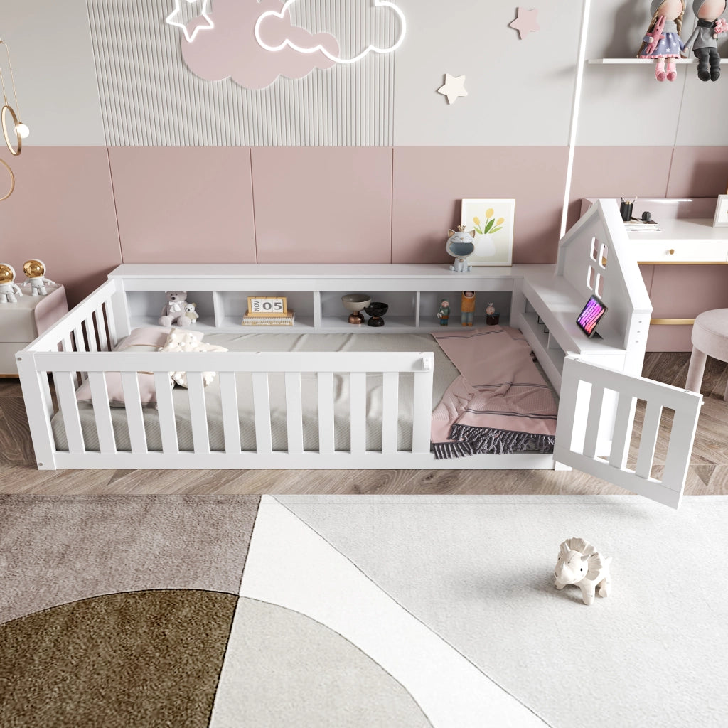 Letto a casetta 90 × 200 cm con vani portaoggetti; finestre; barriera con porta e rete a doghe in legno bianco