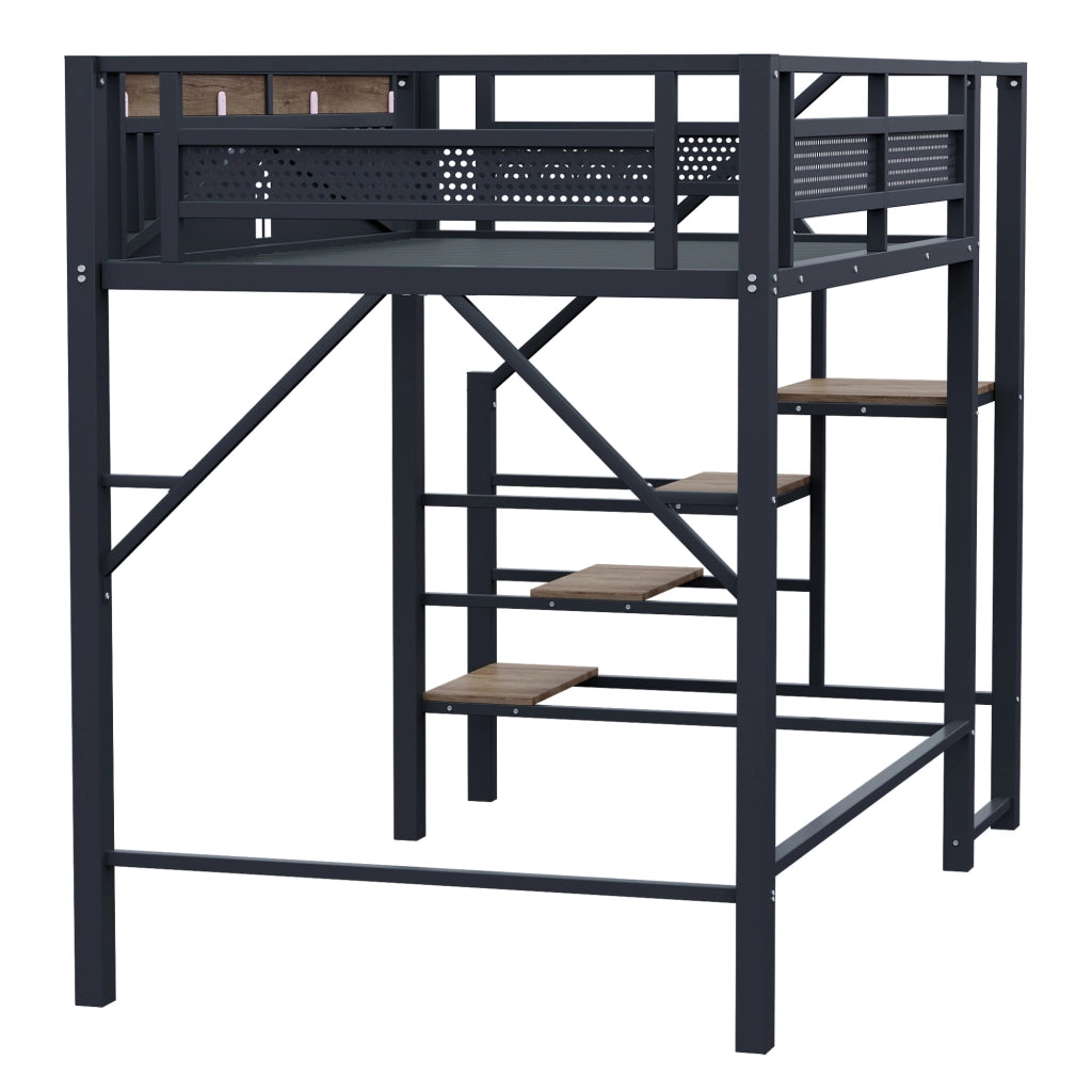 Letto a soppalco 140 × 200 cm con scala di sicurezza; gradini in legno e barriera a finestra in metallo nero