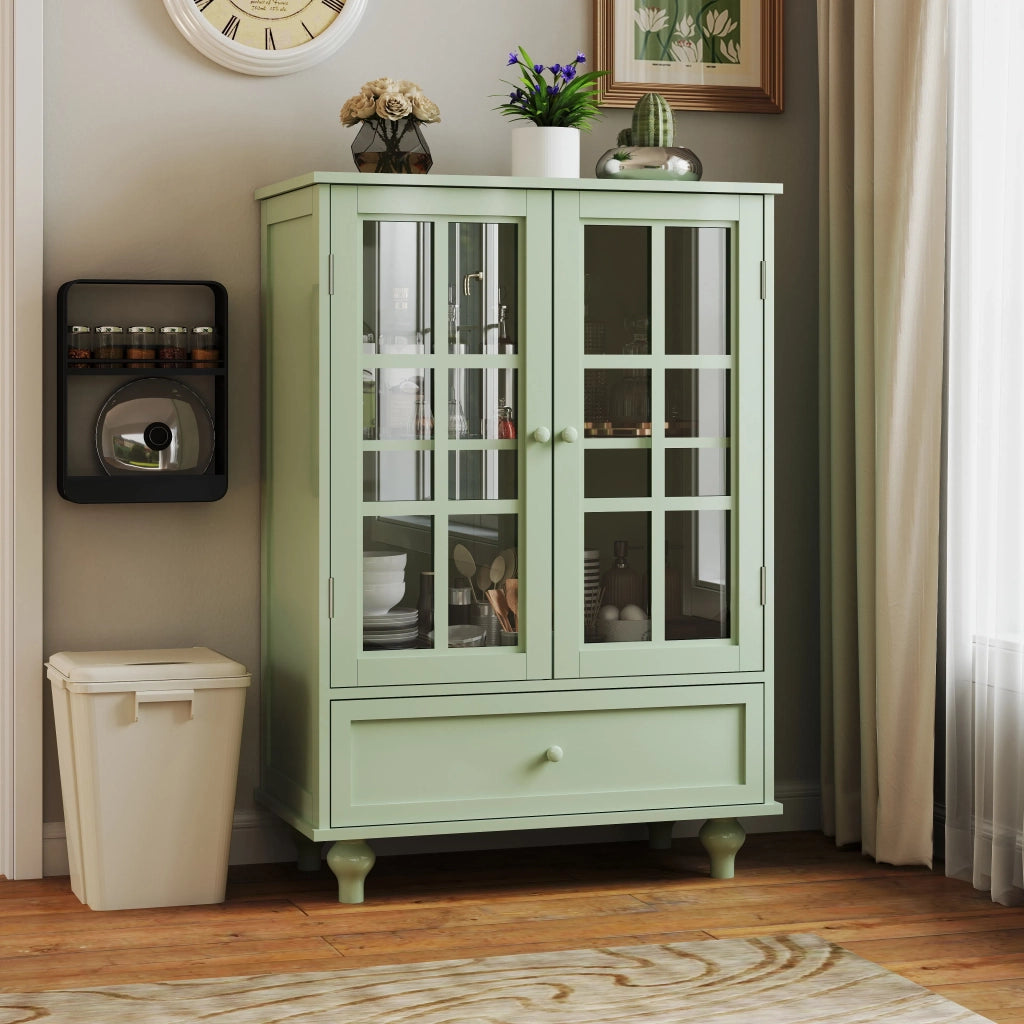 Mobile Buffet Minimalista Verde Menta con 2 Ante in Vetro e Cassetti, Credenza in Legno Moderna per Soggiorno, Sala da Pranzo, Ingresso