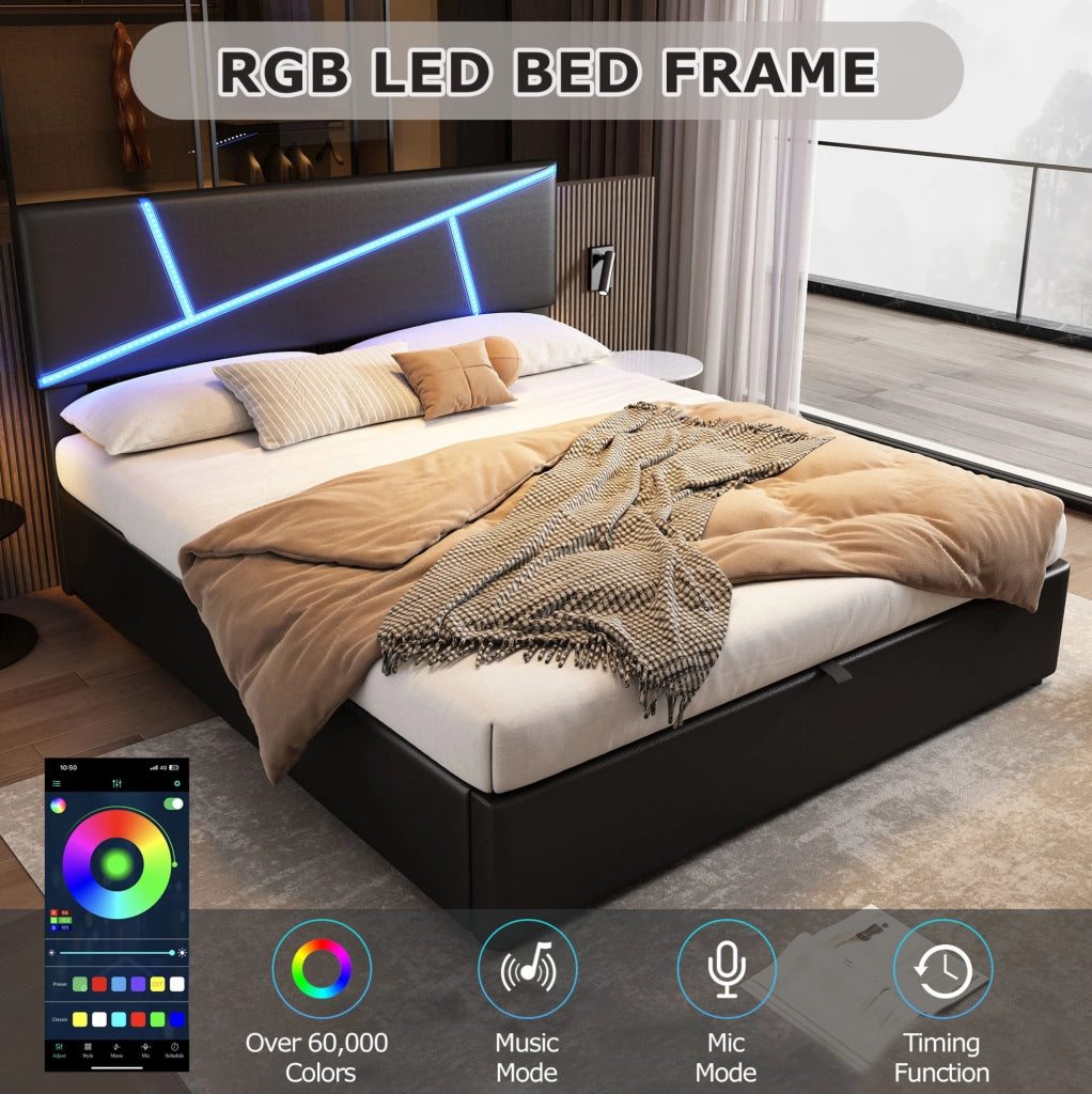 Letto imbottito con LED; contenitore idraulico; PU nero