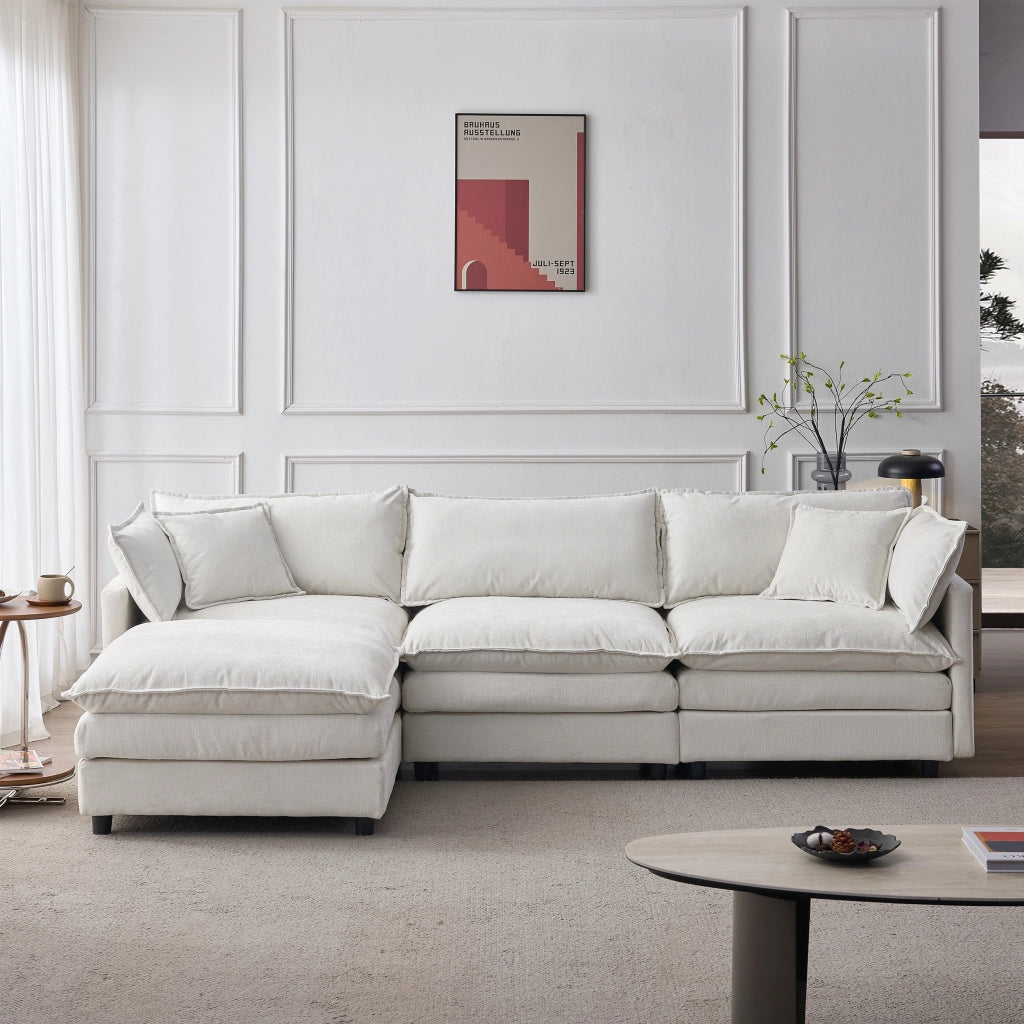 Divano angolare modulare 3 posti con pouf in ciniglia beige