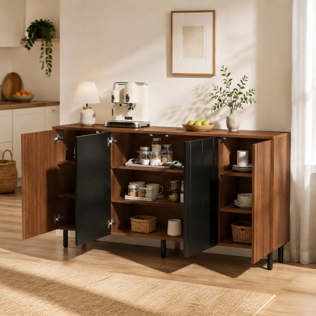 Credenza 160x35x80 cm con 4 ante e ripiani regolabili in pannello truciolare naturale e nero