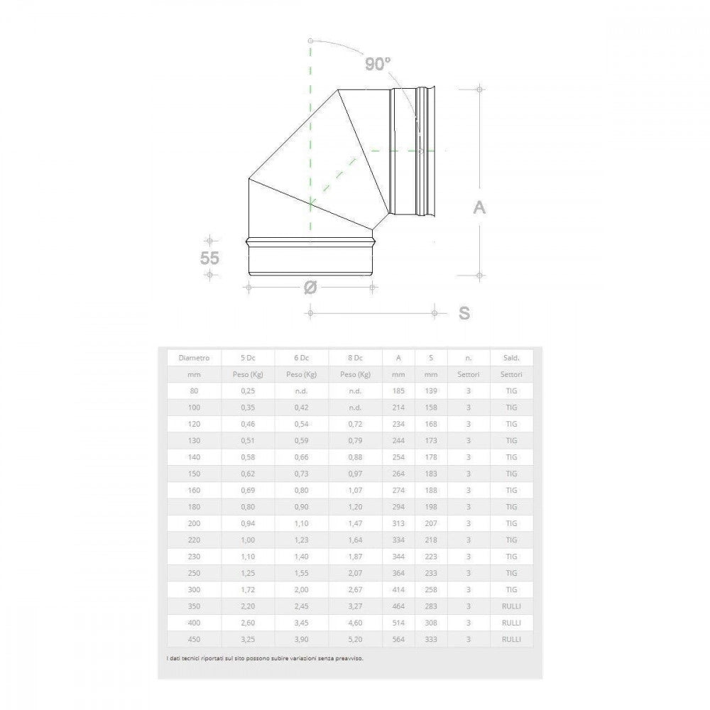 Gomito curva acciaio inox 300mm 5 decimi aisi 304, scegli se  90 gradi