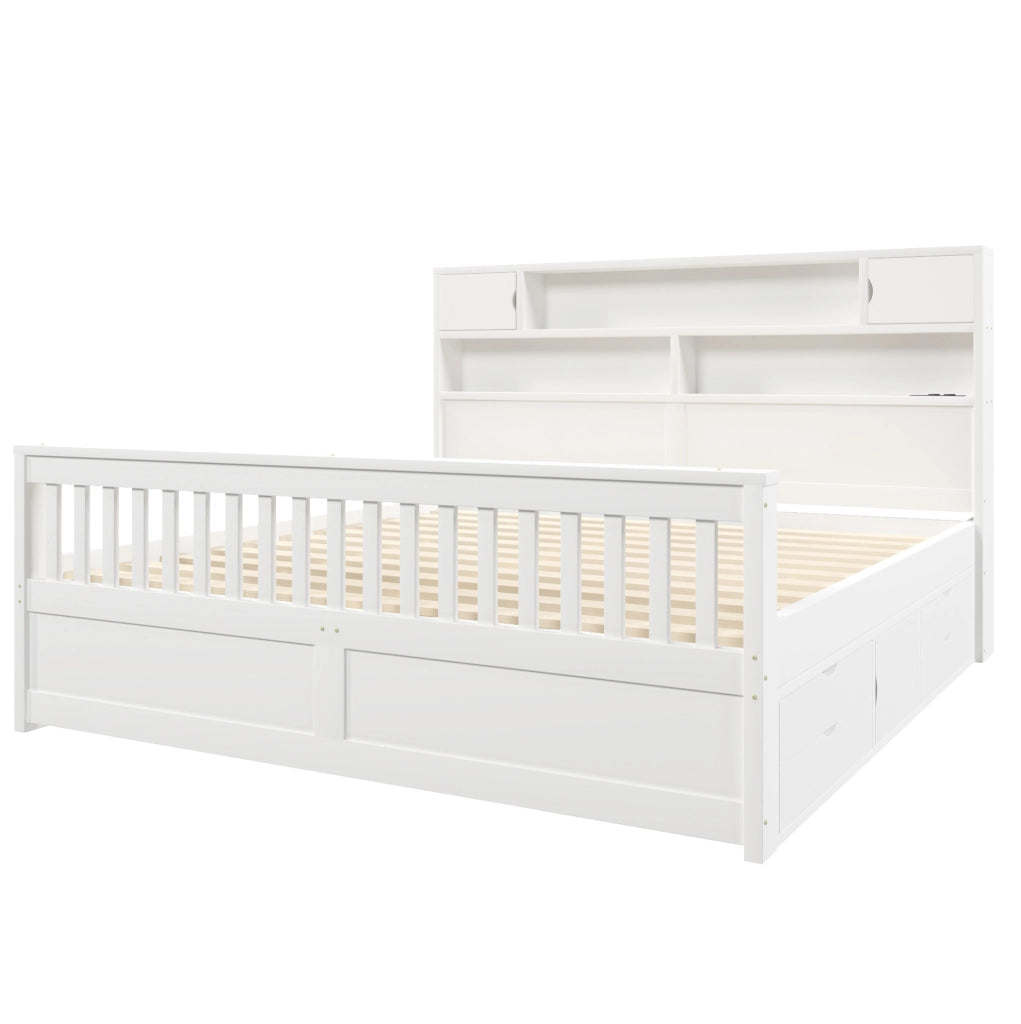 Letto 180x200 cm con testiera libreria, LED regolabile, USB e 4 cassetti in MDF bianco