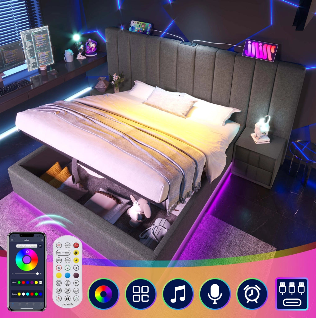 Letto contenitore 160x200 cm con LED 360°; USB e USB-C; lino grigio