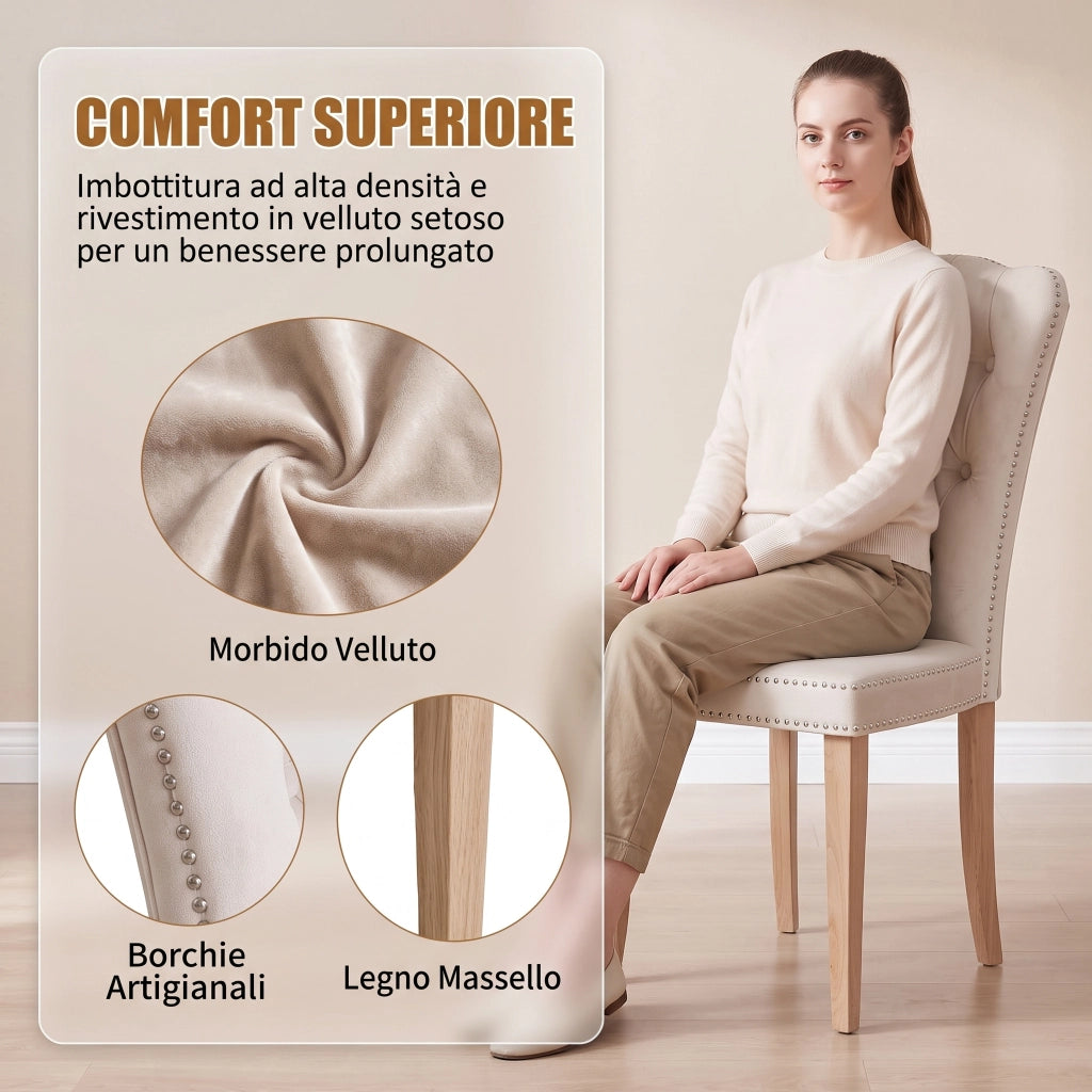 Sedia da sala da pranzo set 2 pezzi con schienale alto ergonomico;47*50*99cm;Legno massello;Velluto;Beige