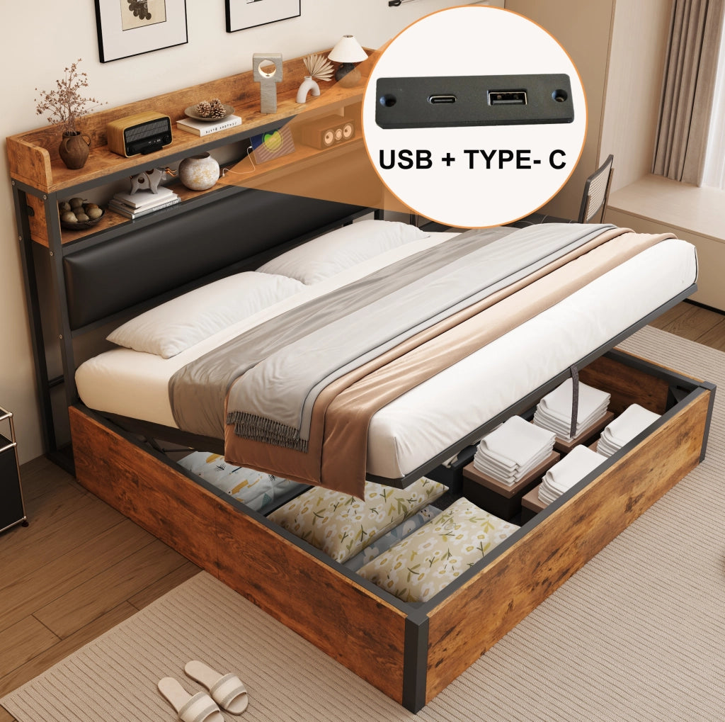 Letto matrimoniale 180x200 cm con contenitore idraulico, USB, testiera imbottita, nero